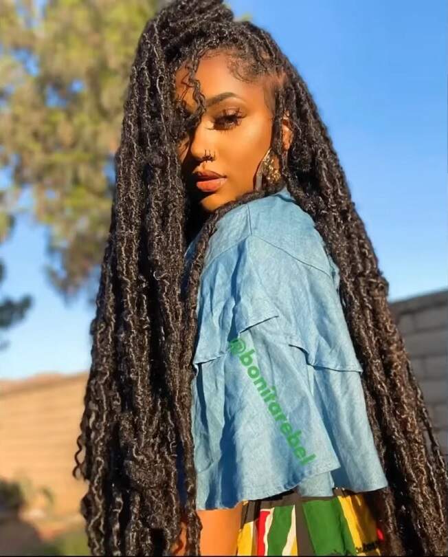 waist length brown butterfly locs with color thevenusface